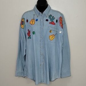 VINTAGE 80s Forenza Women's Large Tunic Shirt Chambray Denim Southwestern Relax